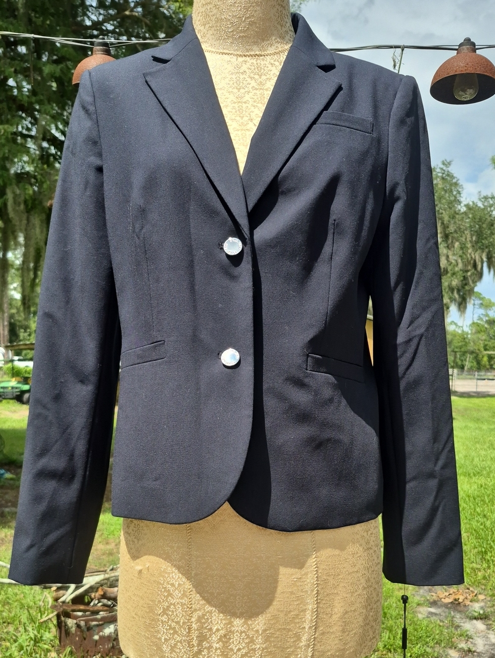 Calvin Klein 12 Navy Blue 2 Button Blazer Jacket Lined Collar Polyester Blend